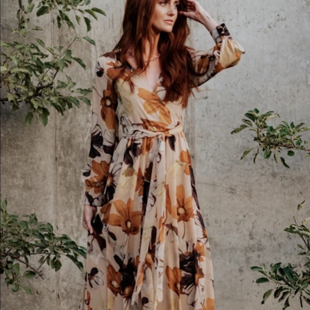 Baltic Born Floral Wrap Maxi Dress in Cream and Brown